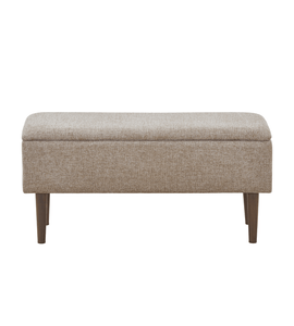 Banc Malika – tissu couleur sable avec rangement et pieds aspect chêne fumé, 95x35x45 cm