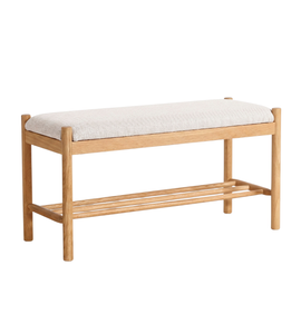 Banc Mathew en chêne avec assise rembourrée beige, 90 x 35 x 45 cm