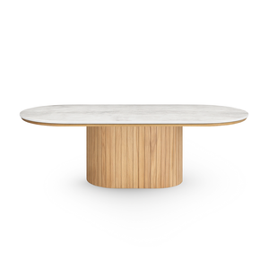 Bobby - Table basse ovale avec plateau en pierre beige clair et base en chêne 120x55x45 cm