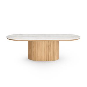 Bobby - Table basse ovale avec plateau en pierre beige clair et base en chêne 120x55x45 cm