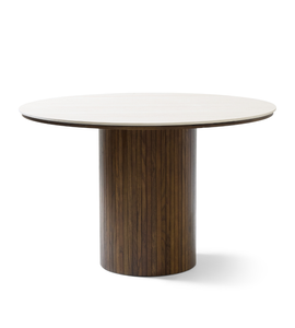 Enzo table de salle à manger ronde avec plateau en pierre beige et sommier à lattes en chêne fumé Ø120 cm