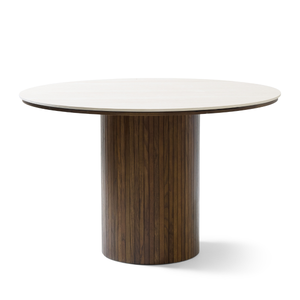 Enzo table de salle à manger ronde avec plateau en pierre beige et sommier à lattes en chêne fumé Ø120 cm