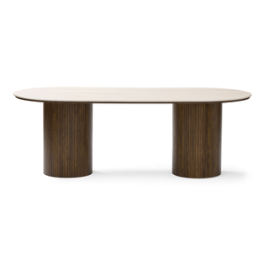 Table de salle à manger ovale Enzo avec plateau en pierre beige et sommier à lattes en chêne fumé 220x100x76 cm