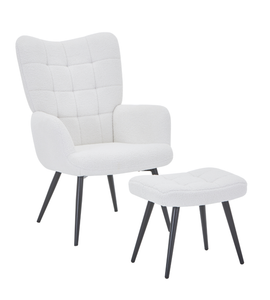 Fauteuil Robert avec repose-pieds -  peluche blanche/simili-peau d'agneau
