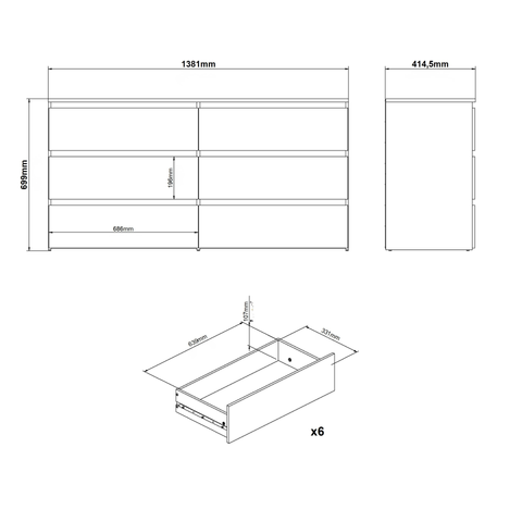 Maise commode 70x138x41 cm avec 6 tiroirs en blanc