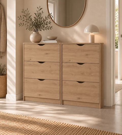 Armoire à chaussures Livo - aspect chêne avec 6 portes