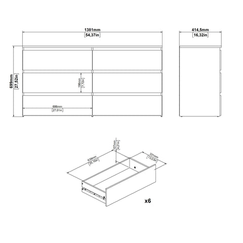 Maise commode H:70 x L:138 x L:41 cm avec 6 tiroirs en aspect chêne
