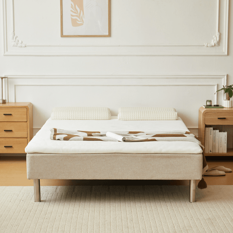 Sommier tapissier beige 140x200 cm avec surmatelas en mousse PU 4 cm, pieds exclus