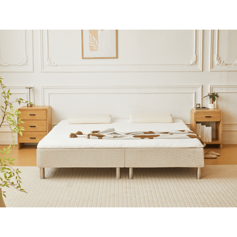 Sommier tapissier beige 180x200 cm avec surmatelas en mousse PU 4 cm, pieds exclus