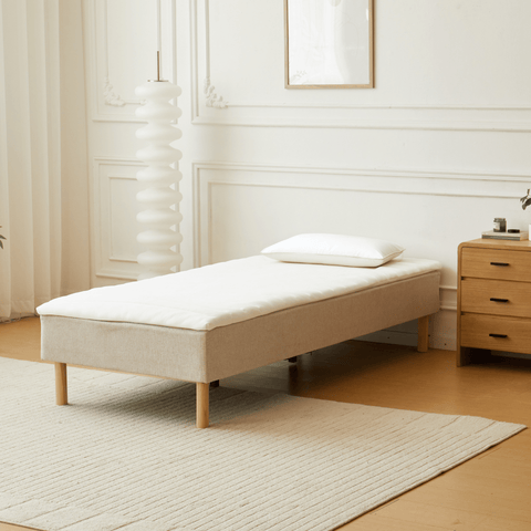 Sommier tapissier beige 90x200 cm avec surmatelas en mousse PU 4 cm, pieds exclus