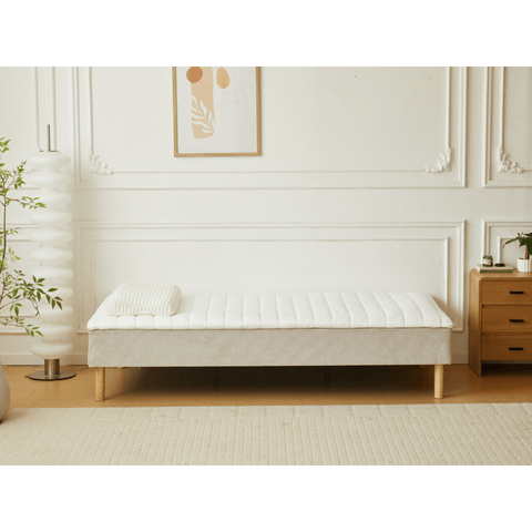 Sommier tapissier beige 90x200 cm avec surmatelas en mousse PU 4 cm, pieds exclus