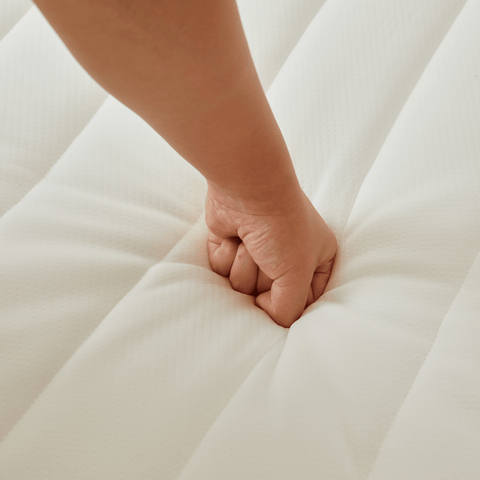 Sommier tapissier beige 90x200 cm avec surmatelas en mousse PU 4 cm, pieds exclus