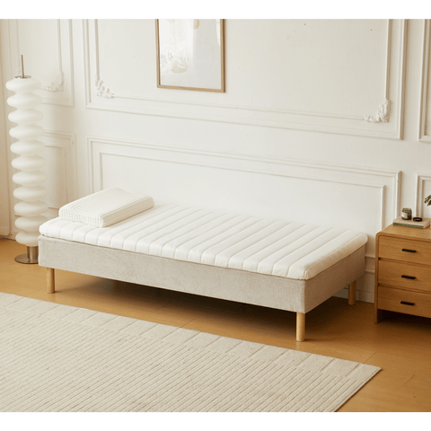 Premium sommier tapissier beige 90x200 cm avec surmatelas en mousse à mémoire de forme 7 cm, pieds exclus