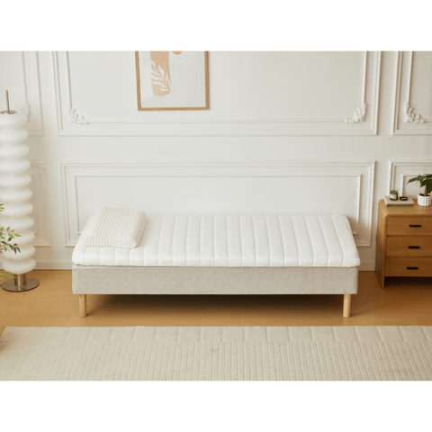 Premium sommier tapissier beige 90x200 cm avec surmatelas en mousse à mémoire de forme 7 cm, pieds exclus