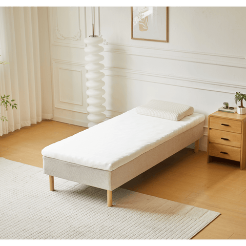 Premium sommier tapissier beige 90x200 cm avec surmatelas en mousse à mémoire de forme 7 cm, pieds exclus