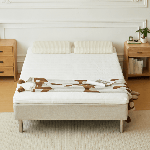 Premium sommier tapissier beige 140x200 cm avec surmatelas en mousse à mémoire de forme 7 cm, pieds exclus