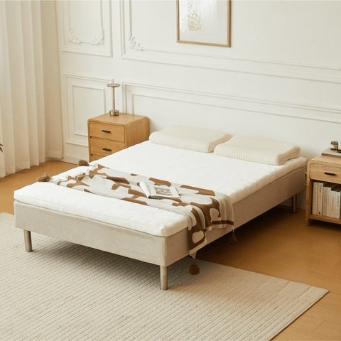 Premium sommier tapissier beige 140x200 cm avec surmatelas en mousse à mémoire de forme 7 cm, pieds exclus