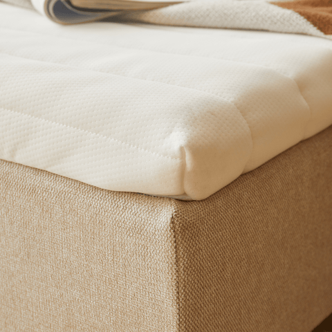 Premium sommier tapissier beige 140x200 cm avec surmatelas en mousse à mémoire de forme 7 cm, pieds exclus