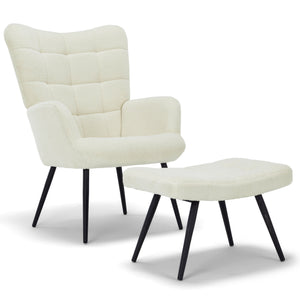 Allison Fauteuil avec Repose-pieds - peluche blanche/imitation peau de mouton