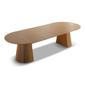 Lewis – Table à manger ovale à lattes en placage chêne avec rallonge 200/250/300 cm – 2 rallonges incluses