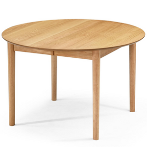 Table à manger ronde Liam en placage de chêne huilé, à rallonges 120/160/200 cm - 2 rallonges incluses