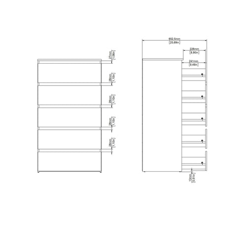 Maise Commode H:114 x L:65 x P:41 cm avec 5 tiroirs en blanc