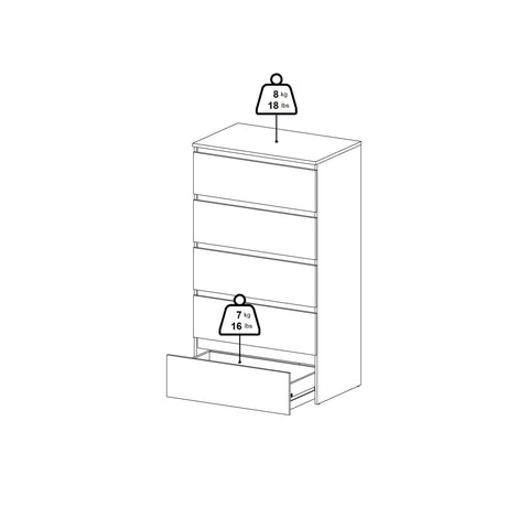 Maise Commode H:114 x L:65 x P:41 cm avec 5 tiroirs en blanc