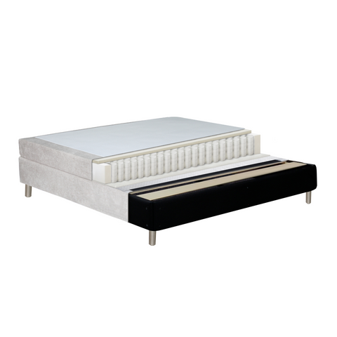 Lit boxspring beige 180x200 cm avec surmatelas en mousse PU 4 cm, pieds chromés inclus
