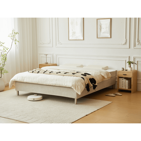 Lit boxspring beige 180x200 cm avec surmatelas en mousse PU 4 cm, pieds chromés inclus