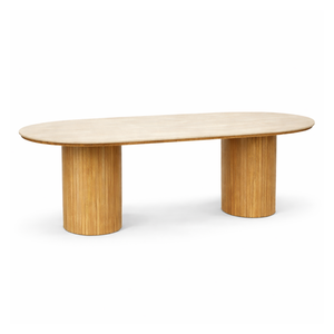 Table de salle à manger ovale Enzo avec plateau en pierre beige et sommier à lattes en chêne 220x100x76 cm