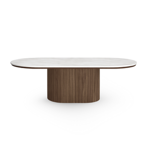 Bobby - Table basse ovale avec plateau en pierre beige clair et base en chêne fumé 120x55x45 cm