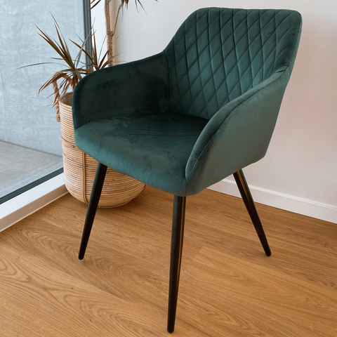 Carlo - Chaise de salle à manger en velours vert avec accoudoirs
