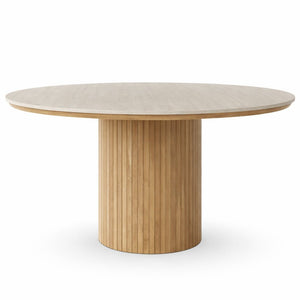 Table de salle à manger ronde Enzo avec plateau en pierre beige et sommier à lattes en chêne Ø120 cm