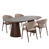 Ensemble de salle à manger – table à manger à lattes Lewis Ø120 cm extensible en chêne fumé + 4 x chaises de salle à manger Ebba couleur sable avec pieds effet chêne fumé